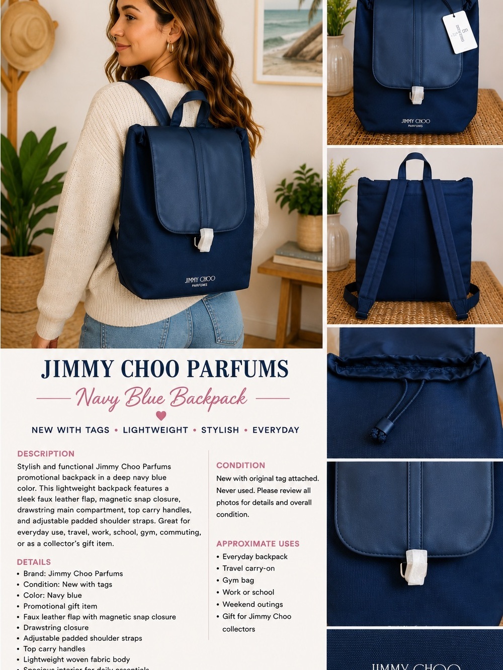 Jimmy Choo Navy Blue Backpack with Flap and Drawstring